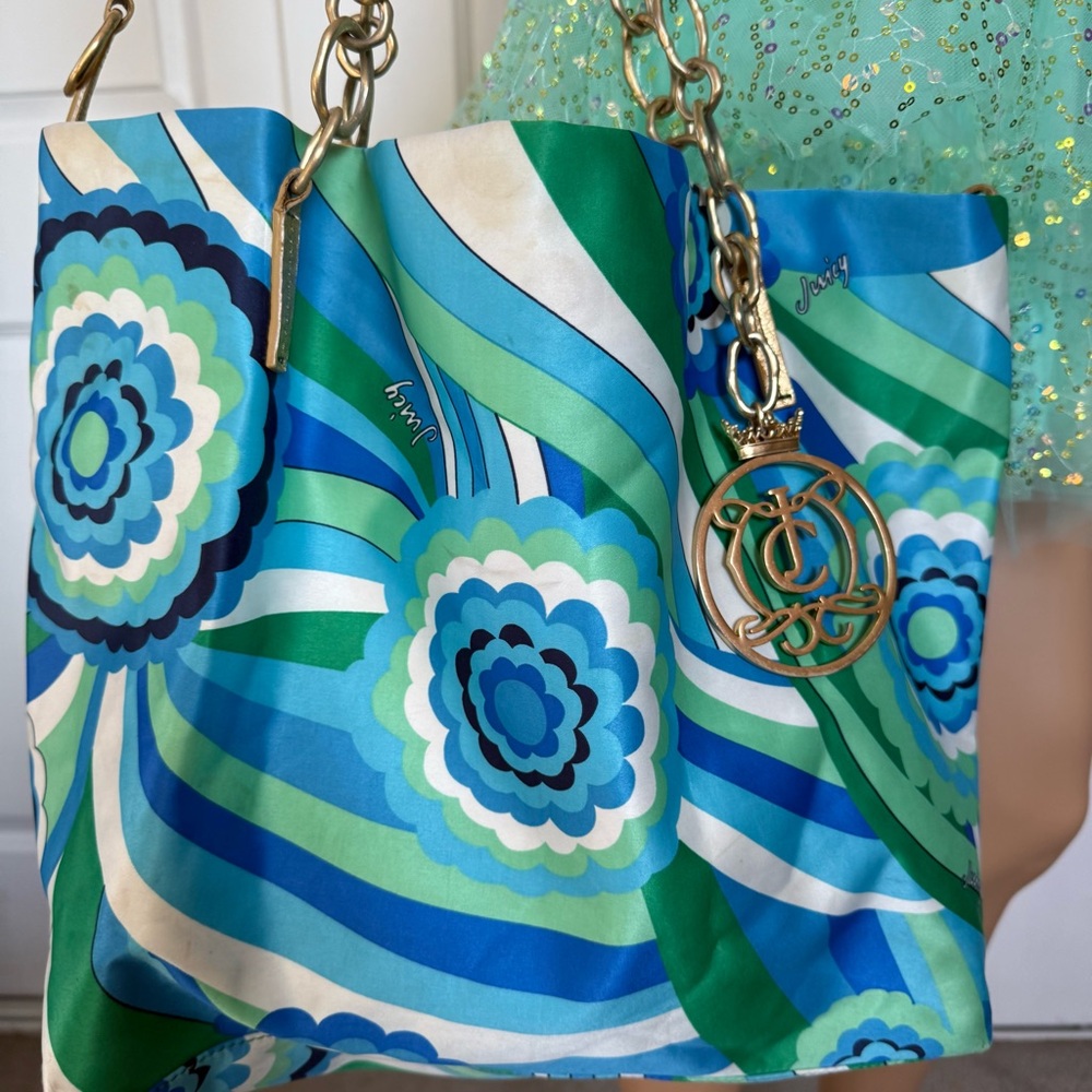 ππ©΅π Vintage G&P Juicy Couture large Gold bag charm tote bag purse blue green - Picture 3 of 15